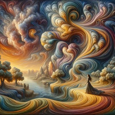 The primary subject of the image is a woman standing in a field, with a beautiful landscape in the background. The setting includes a body of water, trees, and a sky filled with clouds. The visual style of the image is a combination of digital art and illustration, creating a vibrant and colorful scene. The colors and mood of the image are lively and serene, with the woman standing in the field as the focal point of the scene.